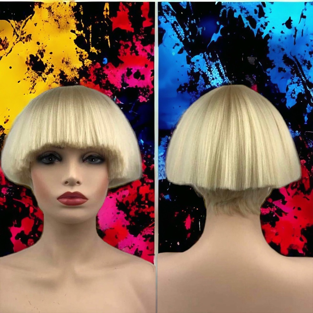 Short Yaki Straight Synthetic Wigs Blonde Mushroom Head Bowl Haircut Bob Beauty